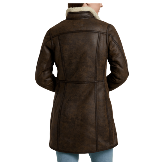 Brown leather coat with white fur collar on a white background