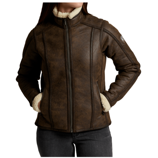Brown leather jacket with white fur lining on a white background