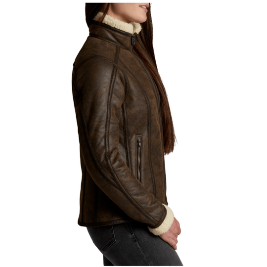Brown leather jacket with white lining on a white background