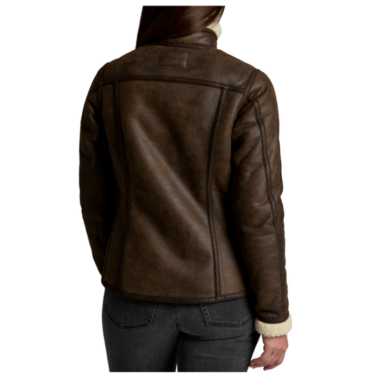 Brown leather jacket worn by a person on a white background