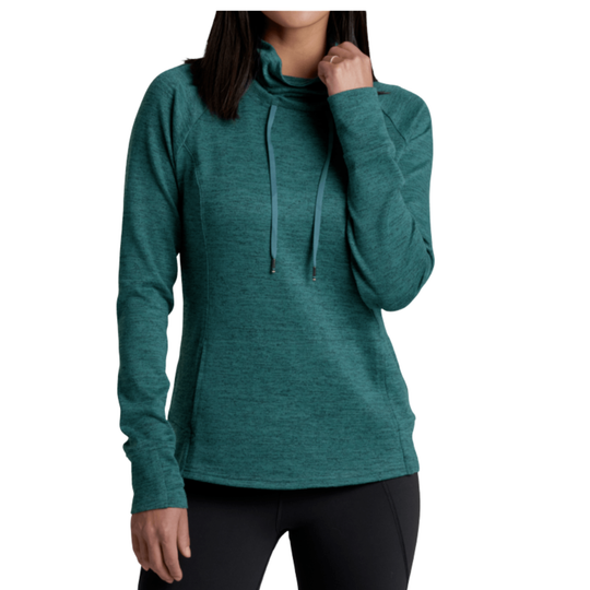 Teal hoodie worn by a person on a white background