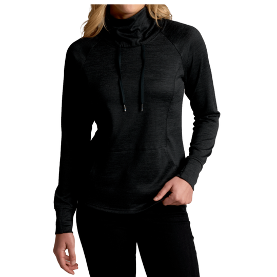Black long-sleeve top worn by a person on a white background