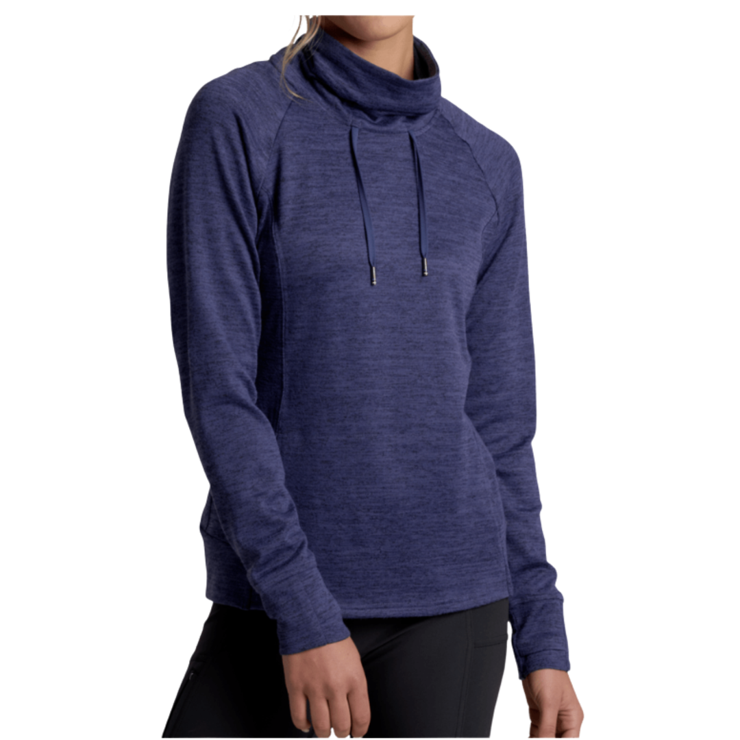 Blue long-sleeve cowl neck top worn by a person on a white background