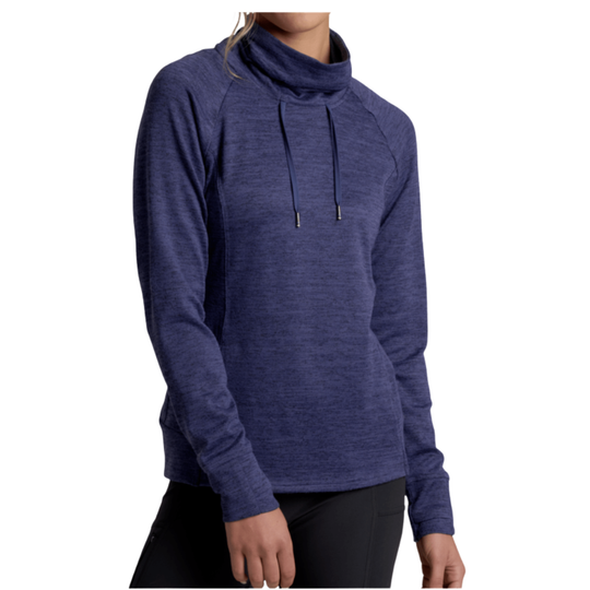 Blue long-sleeve cowl neck top worn by a person on a white background