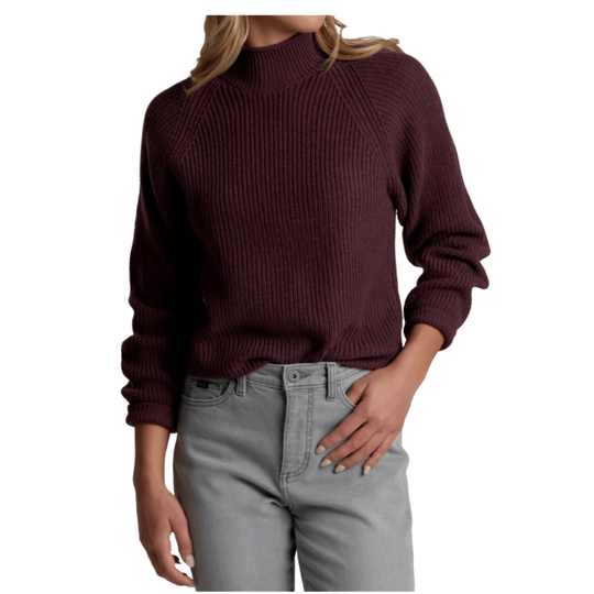 Person wearing a maroon sweater and gray jeans on a white background