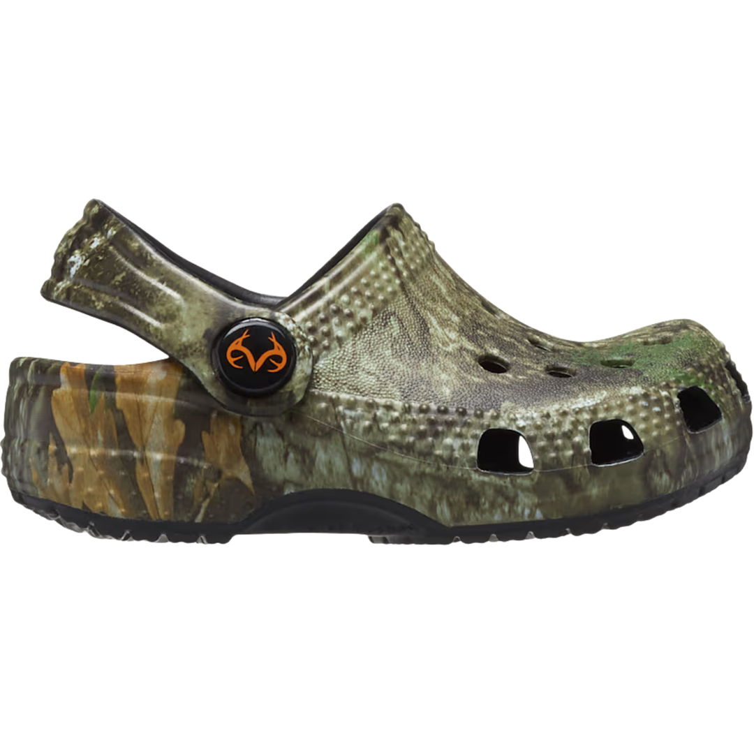 Camouflage-patterned clog shoe on a white background