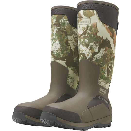 Camouflage-patterned boots with a visible brand logo on a white background