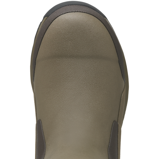 Close-up of a brown boot with black accents on a white background