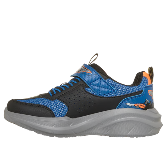 Blue and black athletic shoe on a white background