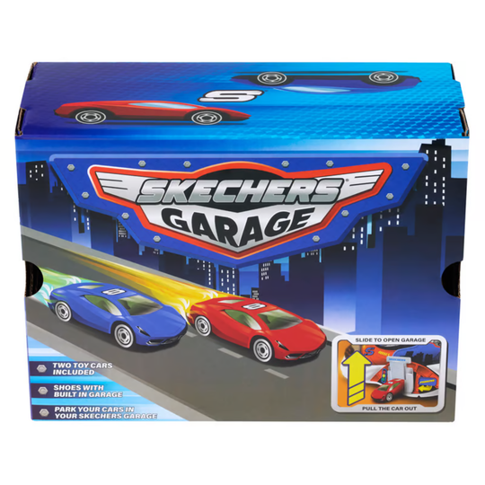 Skechers Garage toy set packaging with two cars and a garage.