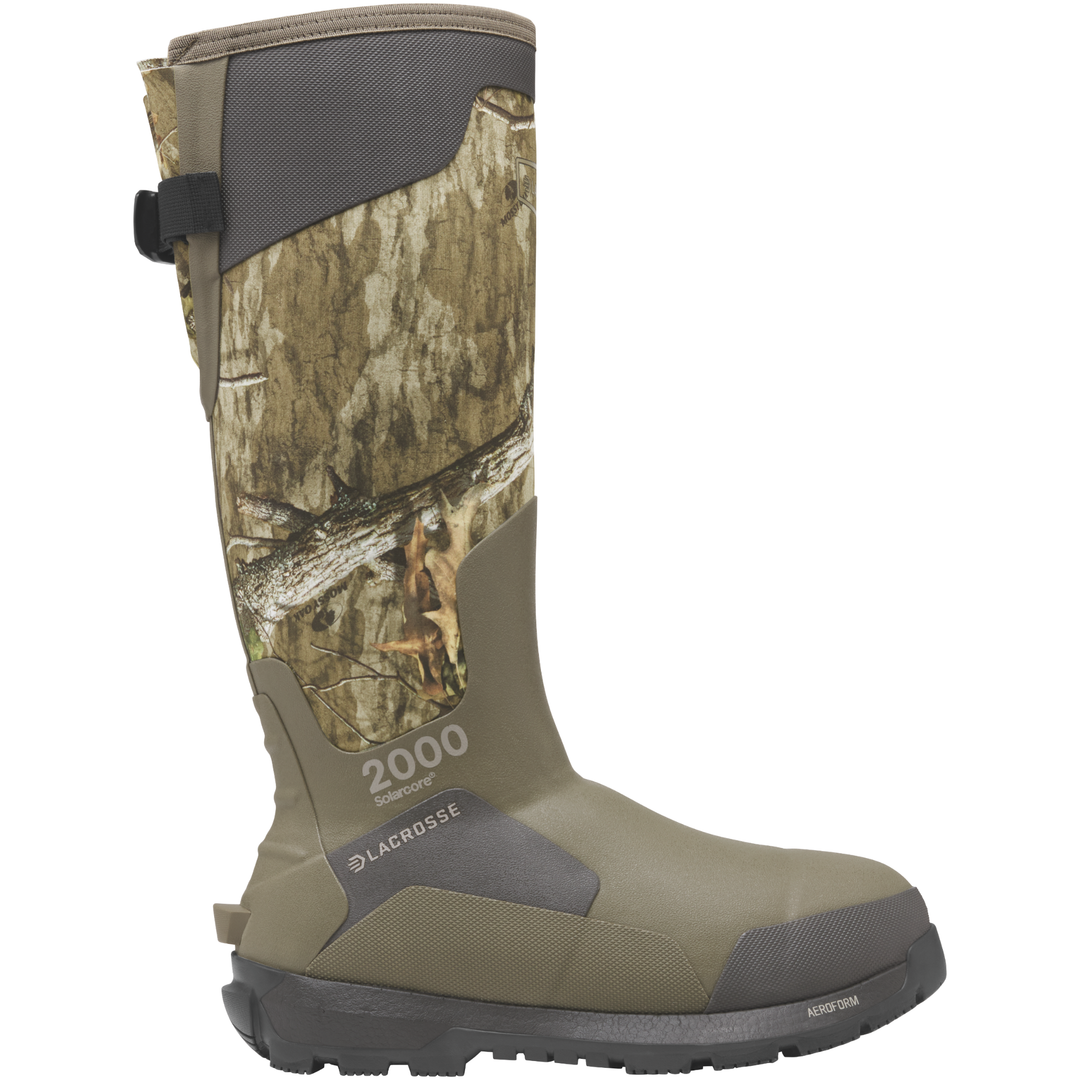 Camouflage hunting boot with '2000' and 'Lacrosse' branding on a white background