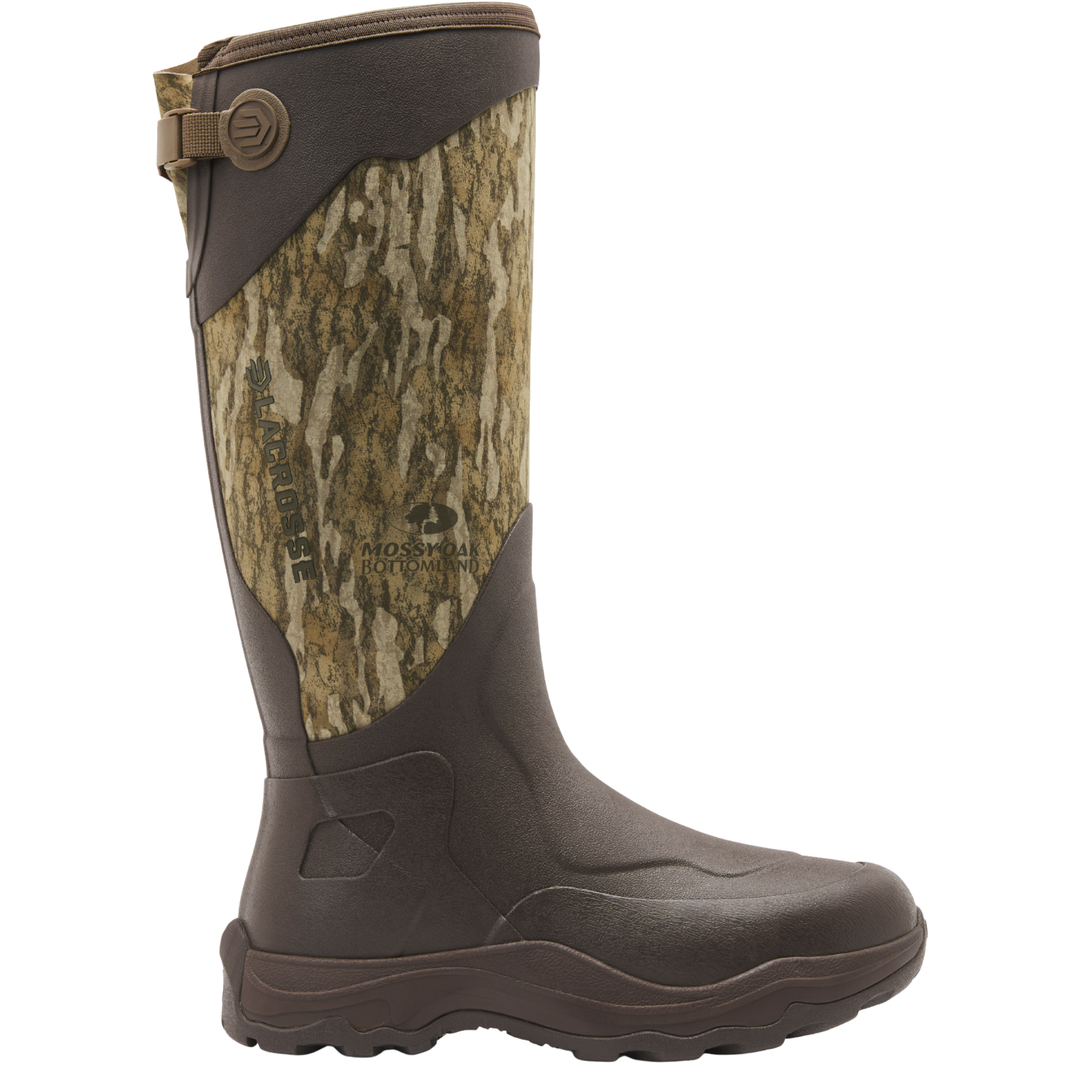 Brown and camouflage boot with a visible brand logo on a white background