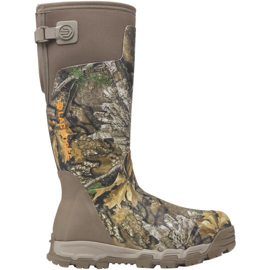 Camouflage hunting boot with brown accents on a white background