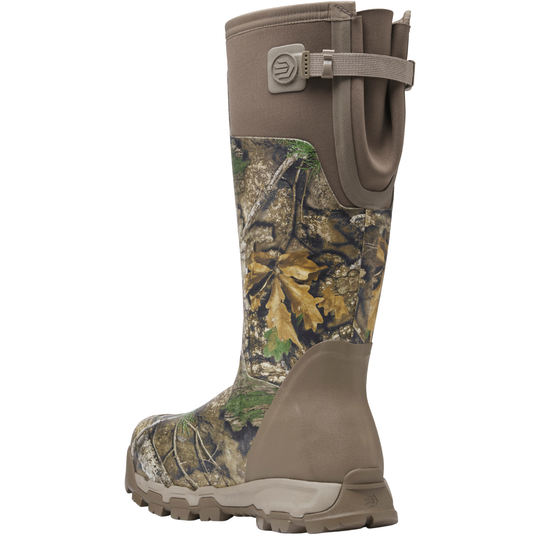 Camouflage hunting boot with brown accents on a white background