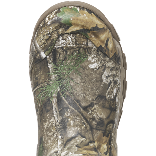 Camouflage hunting boot with brown accents on a white background