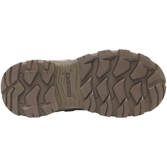 Brown sole hunting boot with brown accents on a white background