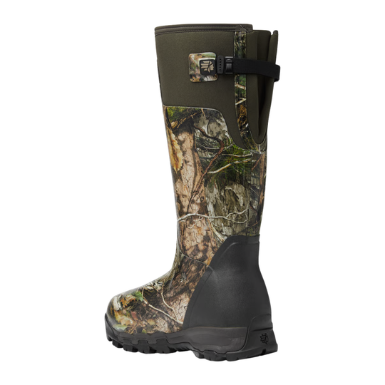 Camouflage-patterned boot with a black sole on a white background