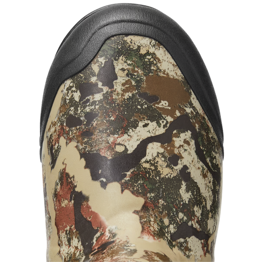 Camouflage-patterned sandal with a black sole on a white background