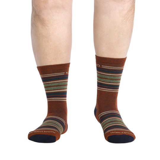 Brown striped socks worn on a white background