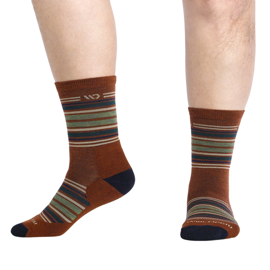Brown striped socks worn on a white background