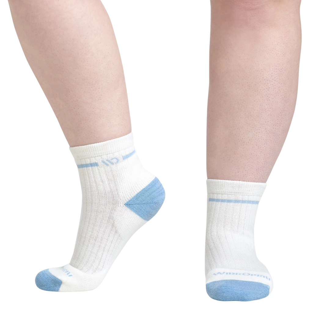 White socks with blue accents worn by a person on a white background