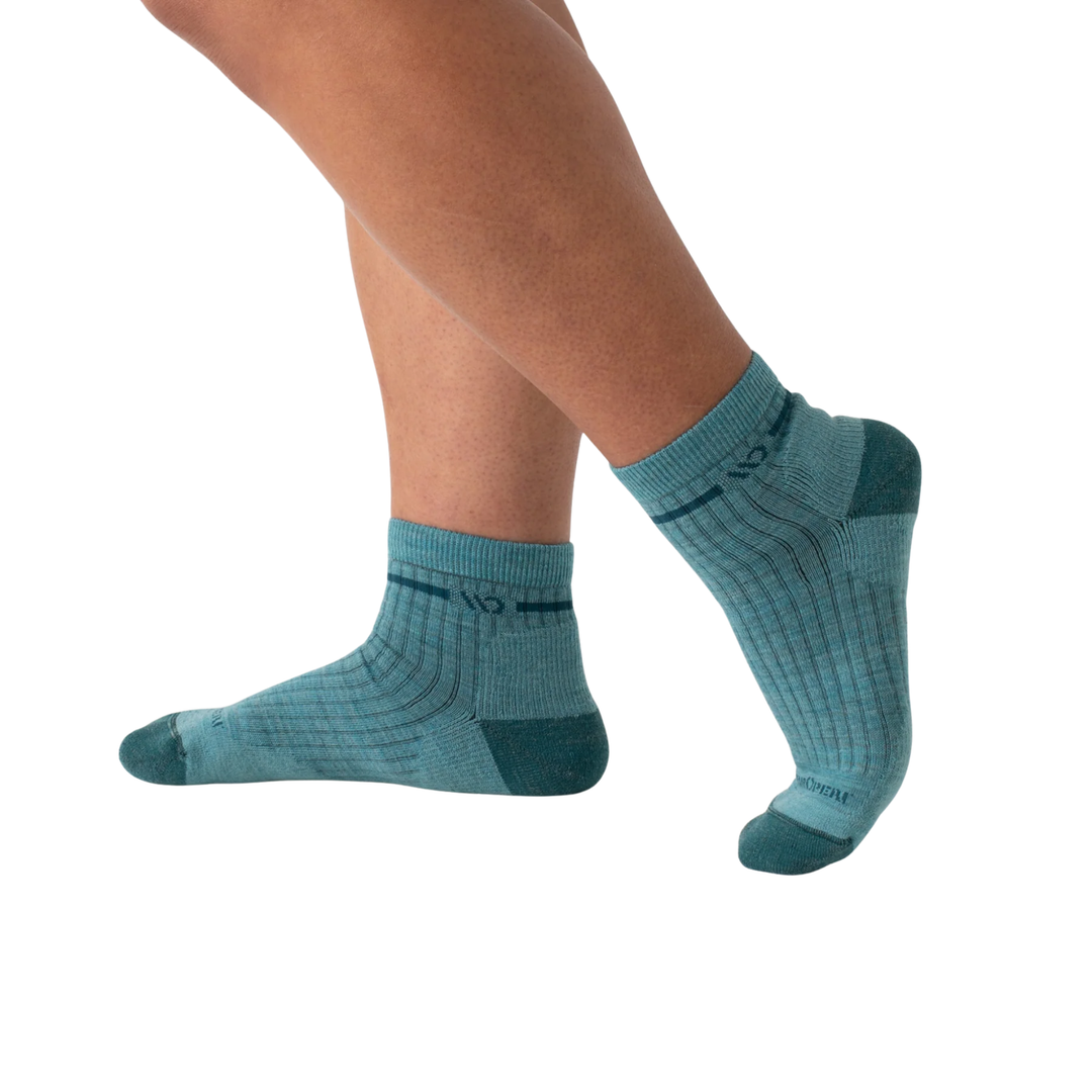 Teal socks worn by a person on a white background