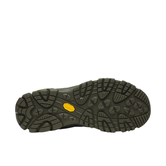 Black hiking boot sole with a yellow label on a white background