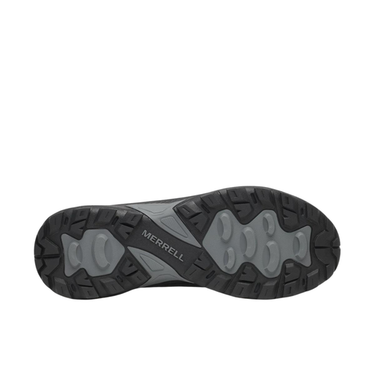 Black shoe sole with merrell branding on a light gray background