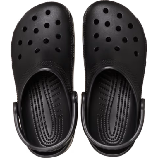 Pair of black clogs on a white background
