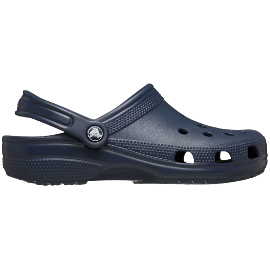 Navy blue clog shoe on a white background