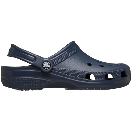 Navy blue clog shoe on a white background