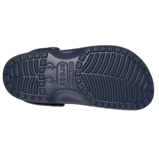 Navy blue sandal sole with brand logo on a white background