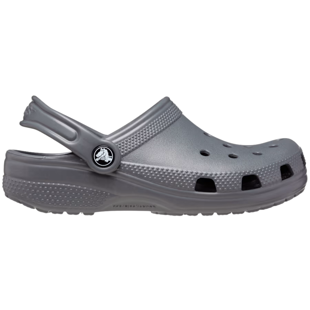 Gray clog shoe with a brand logo on a white background