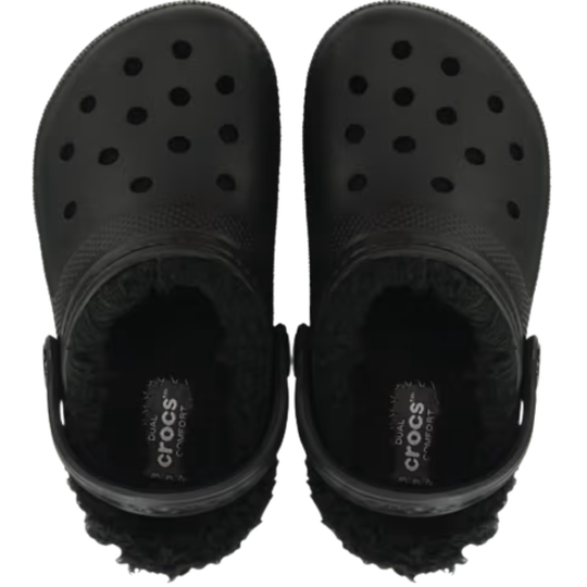black Crocs with black fuzz liners