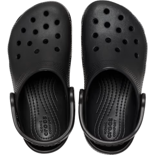 Black clogs with 'Crocs' branding on a white background