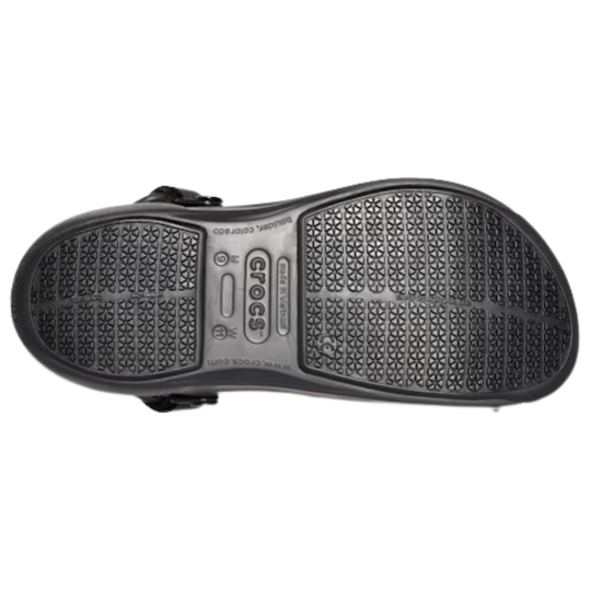 Black shoe sole with tread pattern on a white background