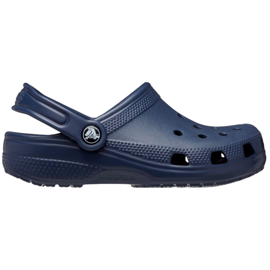 Navy blue clog shoe on a white background