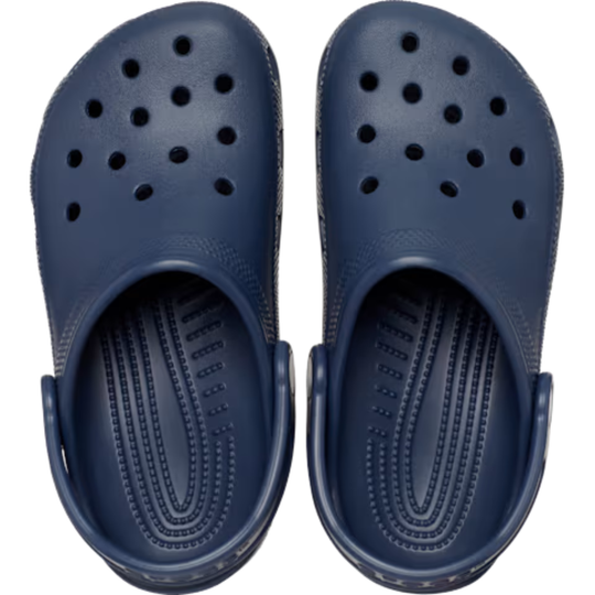 Navy blue clog shoe on a white background