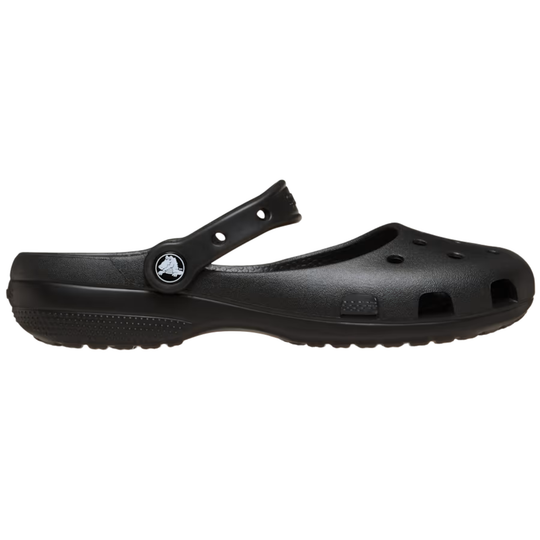 Black ballet sandal with a strap on a white background