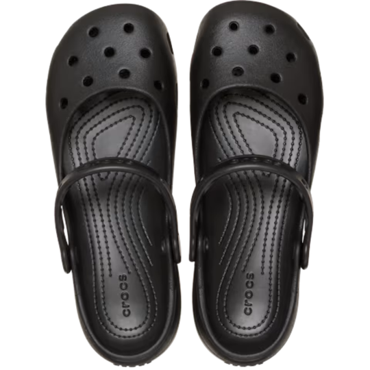 Pair of black Crocs sandals on a white background