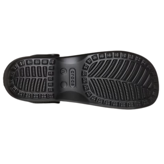 Black sandal sole with brand logo on a white background