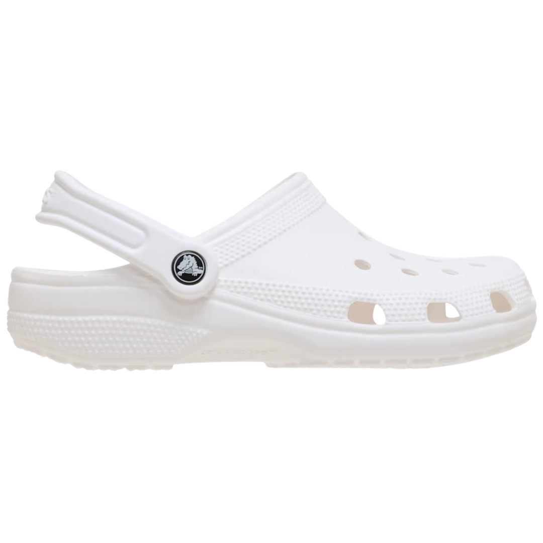 White clog shoe with a brand logo on a white background