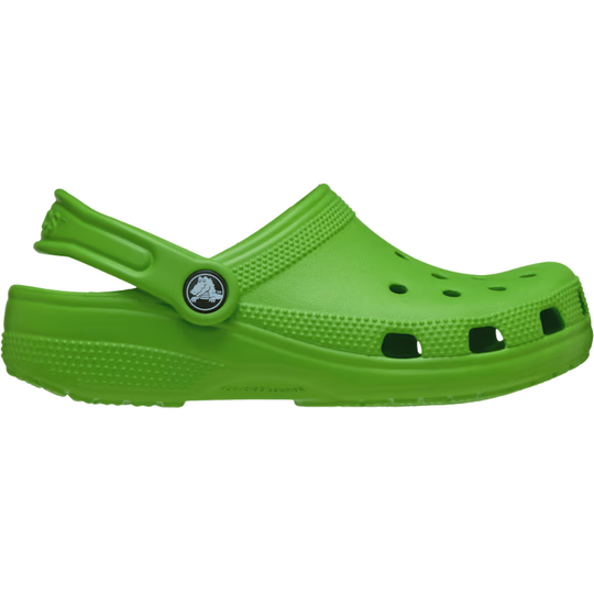 Green clog shoe with a brand logo on a white background