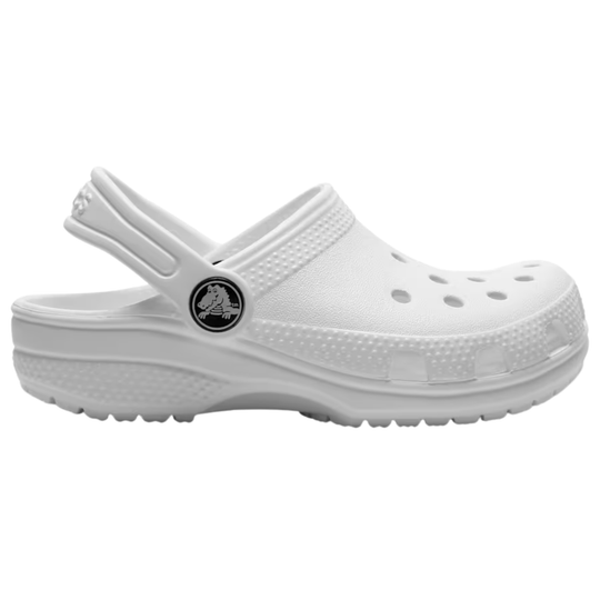 White clog shoe with a brand logo on a white background