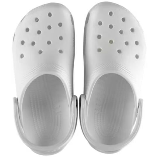 Pair of white clogs with open design on a white background