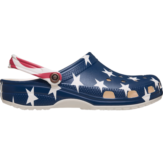 Navy blue sandal with white star pattern on a white background