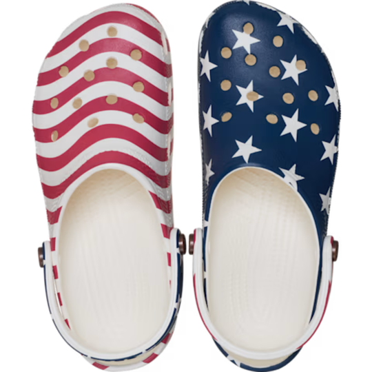 Two clogs with American flag design on a white background