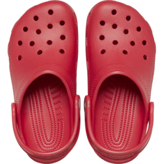 Red clogs with a white background