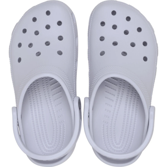 Frosted Purple clogs with a strap on a white background