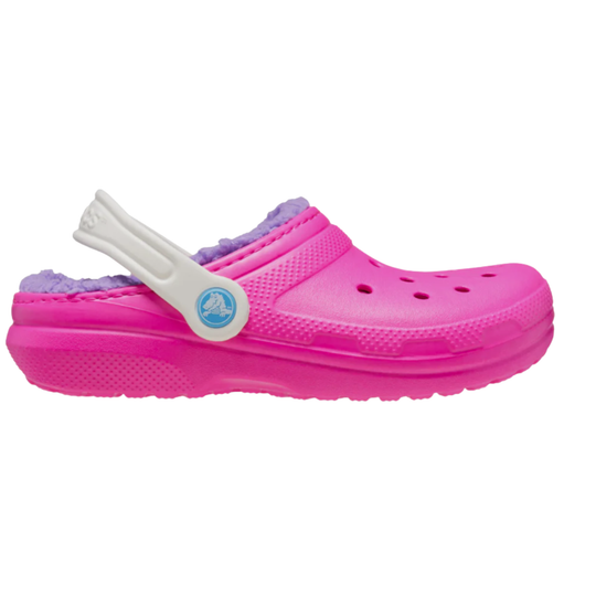 Pink clog shoe with white strap and blue logo on a white background
